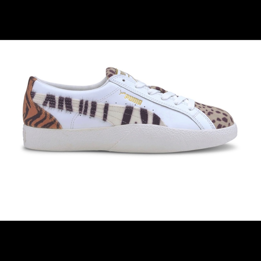 PUMA Women's White Leather Casual Sneaker with Animal Print Accents